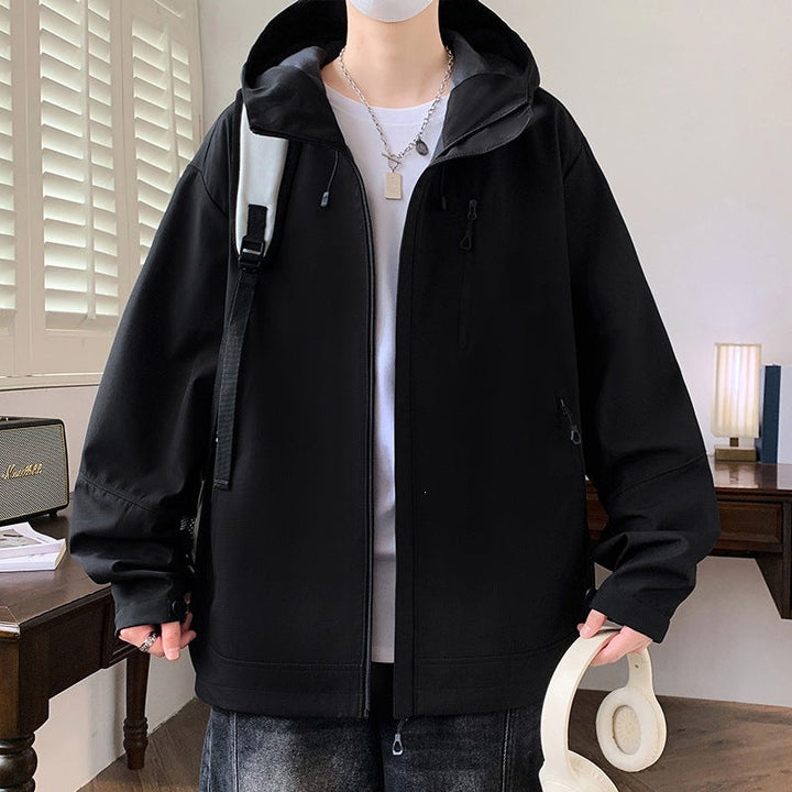 Herr Boxig med Huva Softshell Jacka med Concealed Dragkedja, Multifunctional Fickor med Dragkedja &amp; Oversized Skärning