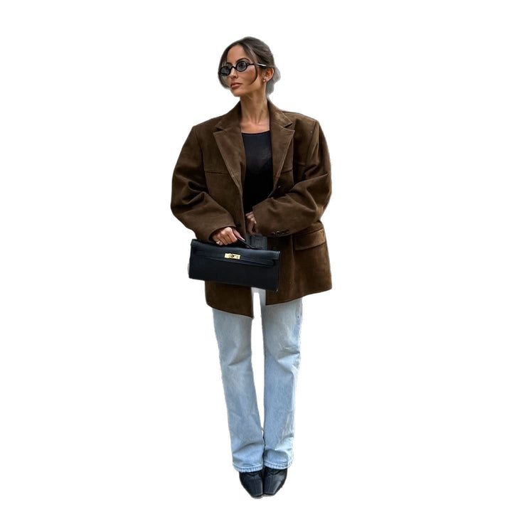 Dam oversize mocka blazer med slagkrage och Flap fickor