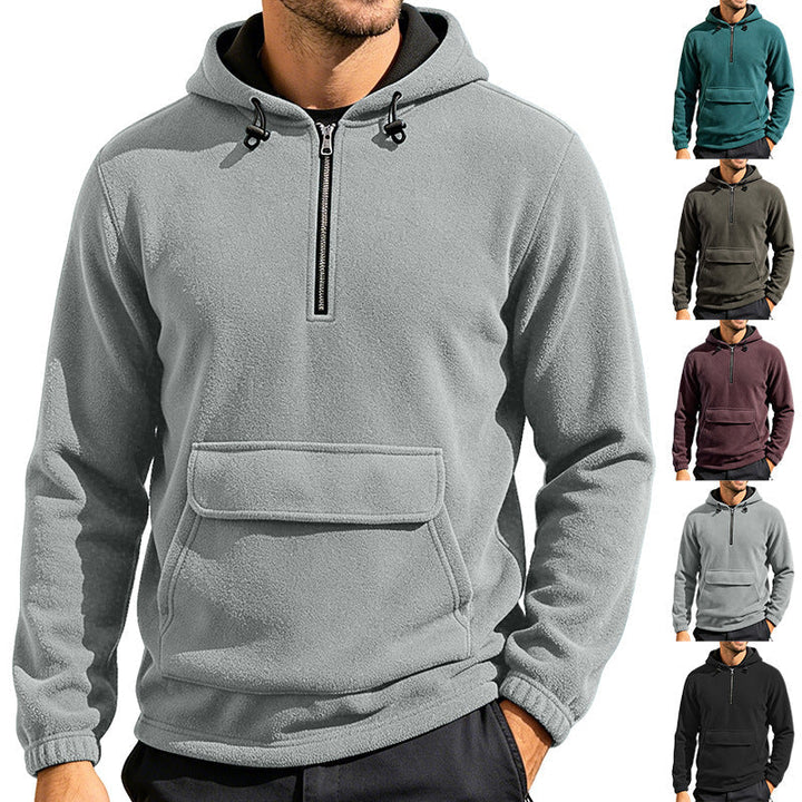 Herr Fleece Luvtröja med Halv Dragkedja, Känguruficka, och Adjustable Huva
