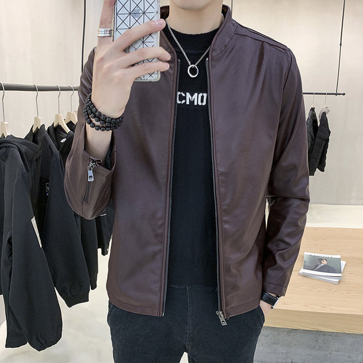 Herr Smal Synthetic Läder Blouson med Standing Krage och Tvåvägsdragkedja