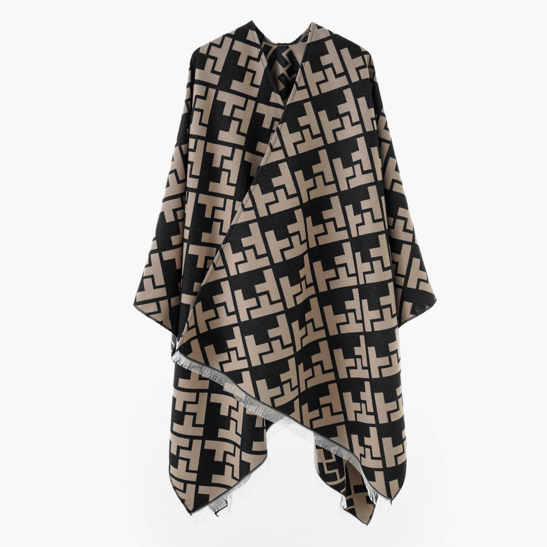 Dam Oversize Cape med Geometric Jacquard och fransfåll