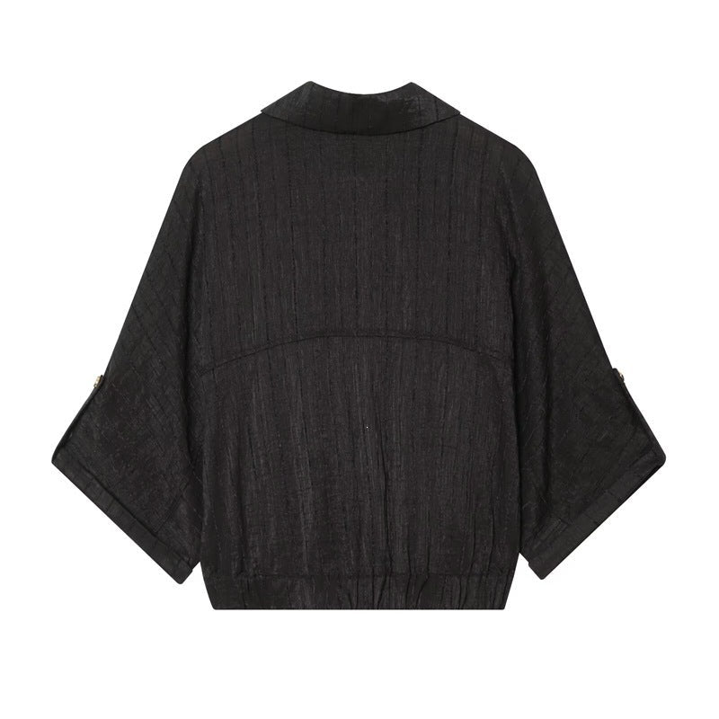 Dam Boxig Overshirt Jacka Midja Kort med 3/4 Ärmar och Guld Knappar
