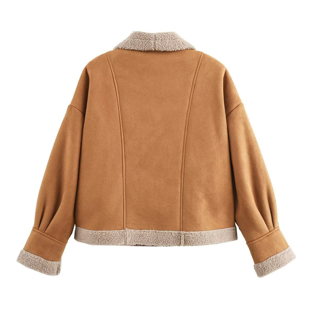 Dam Kort Jacka med Teddy Foder, Shawl Krage, och Oversize Skärning