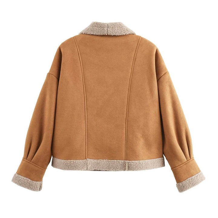 Dam Kort Jacka med Teddy Foder, Shawl Krage, och Oversize Skärning