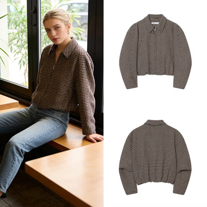 Dam Kort-Skärning Houndstooth Bouclé Jacka med Skjortkrage och Figurnära Silhuett