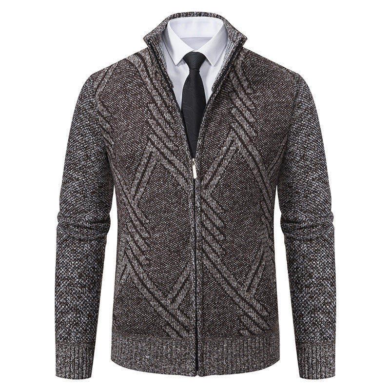 Herr Chunky Stickad Dragkedja Cardigan med Ståkrage och Geometrisk Structure Mönster