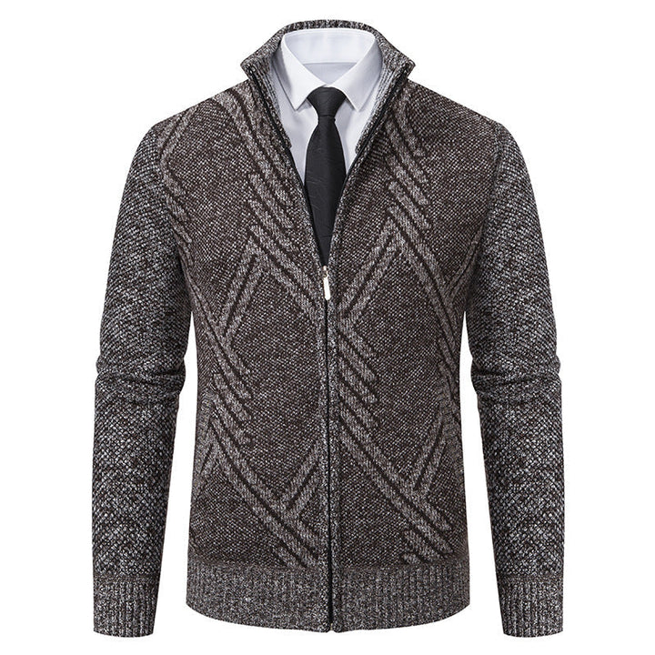 Herr Chunky Stickad Dragkedja Cardigan med Ståkrage och Geometrisk Structure Mönster