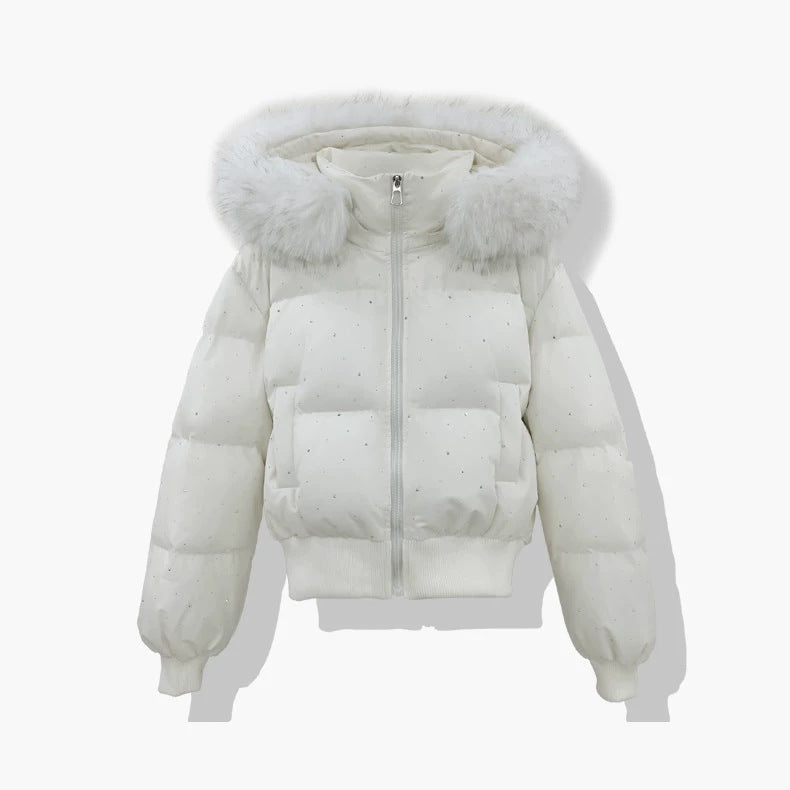 Dam kort quiltad puffer blouse med fine rhinestone embellishment, detachable huva med fuskpäls och elastisk fåll