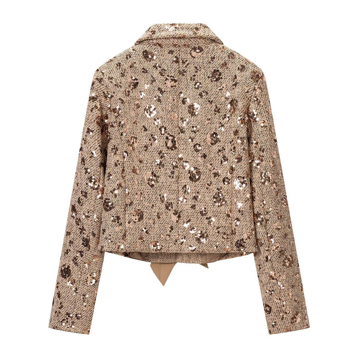 Dam Sequin Tweedjacka med Dekorativ Bow Stängning