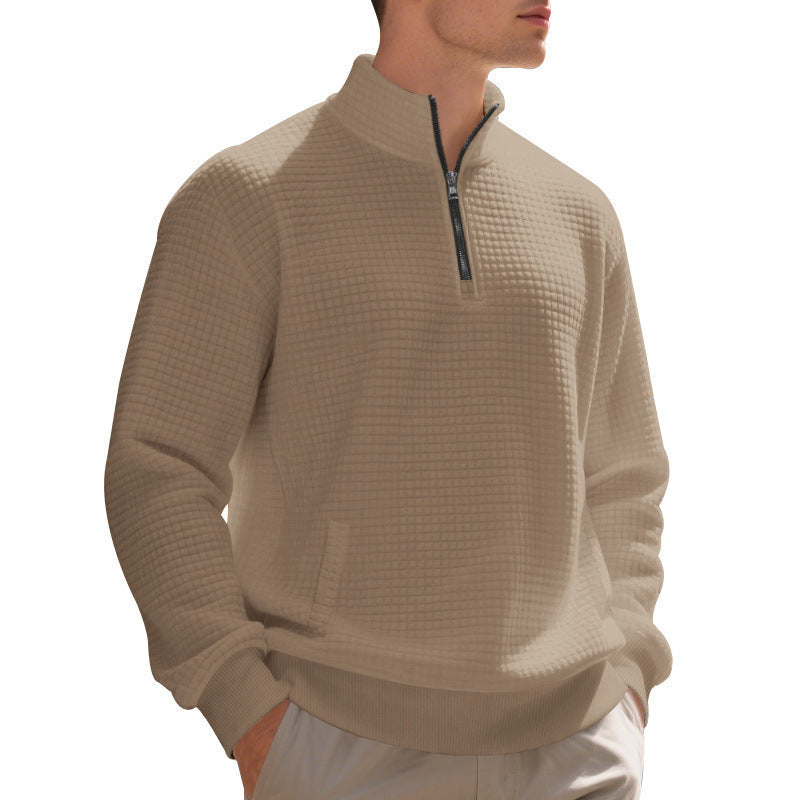 Herr Waffle Stickad Halv Dragkedja Pullover med Ståkrage, Känguruficka &amp; Ribbad Finishes