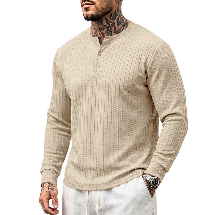 Herr Fin Stickad Henley med Ståkrage och Cable Mönster