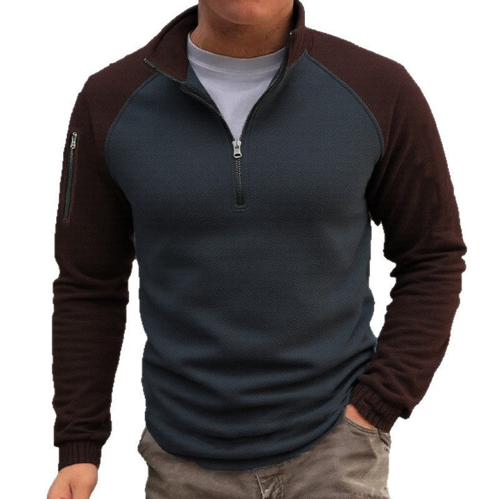 Herr Smal Passform Halv Dragkedja Pullover med Raglanärmar, Waffle Texture, och Ärm Ficka