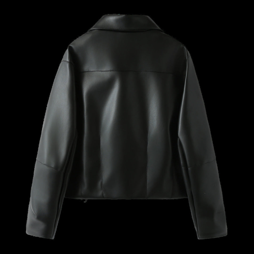Dam figurnära konstläderjacka i blouson stil med skjortkrage