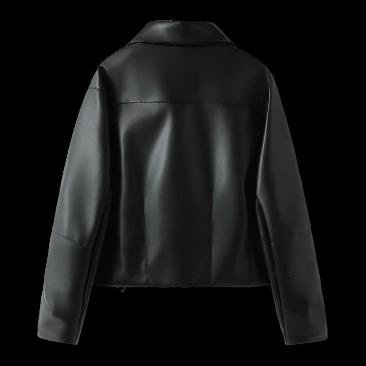 Dam figurnära konstläderjacka i blouson stil med skjortkrage