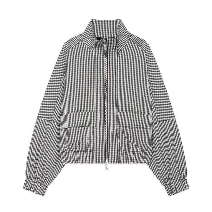 Dam Checked Kort Blouson med Stå Krage, Dragkedja och Elastic Nederkant