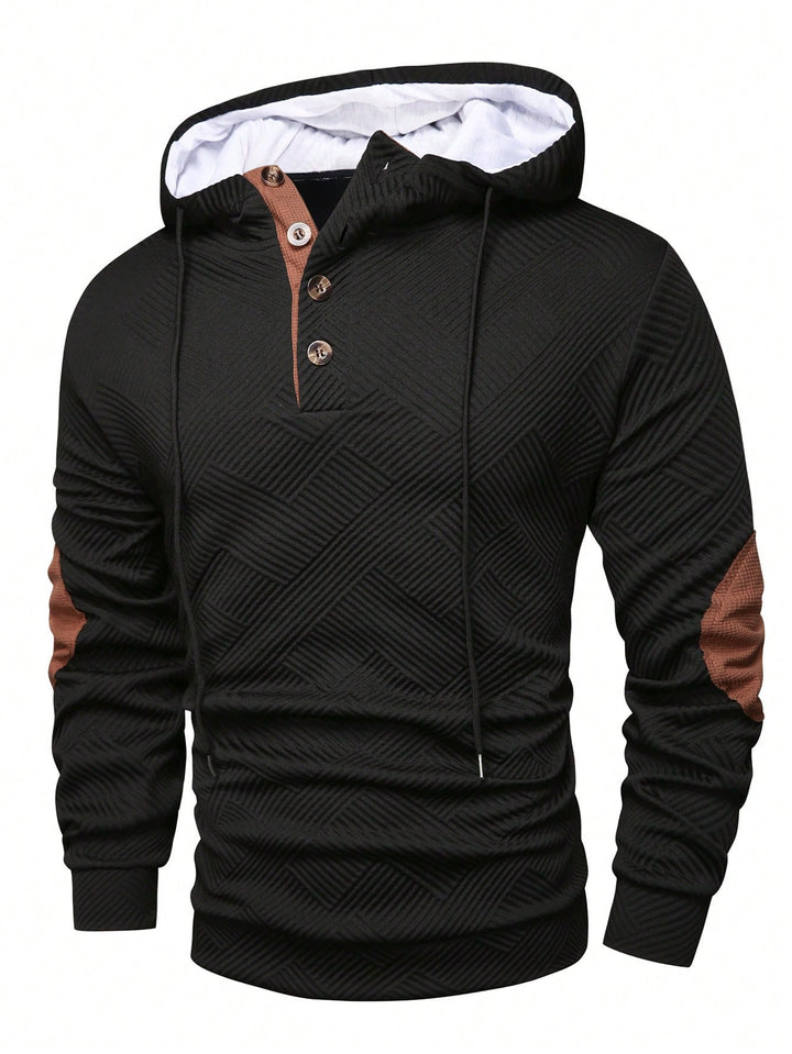 Herr Strukturerad Luvtröja i Henley Stil med Contrast Kant och Elbow Lappar