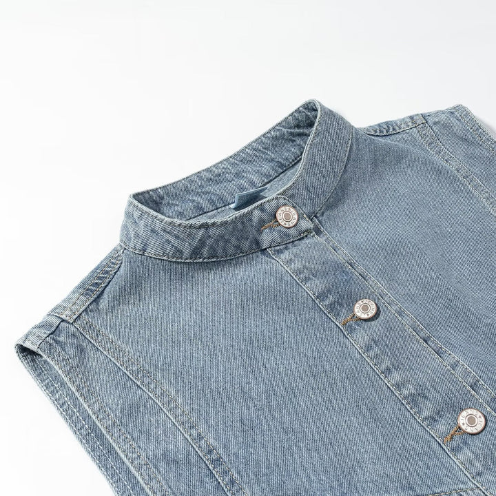 Dam jeans väst med ståkrage, hel-length knappslå, och utanpåfickor