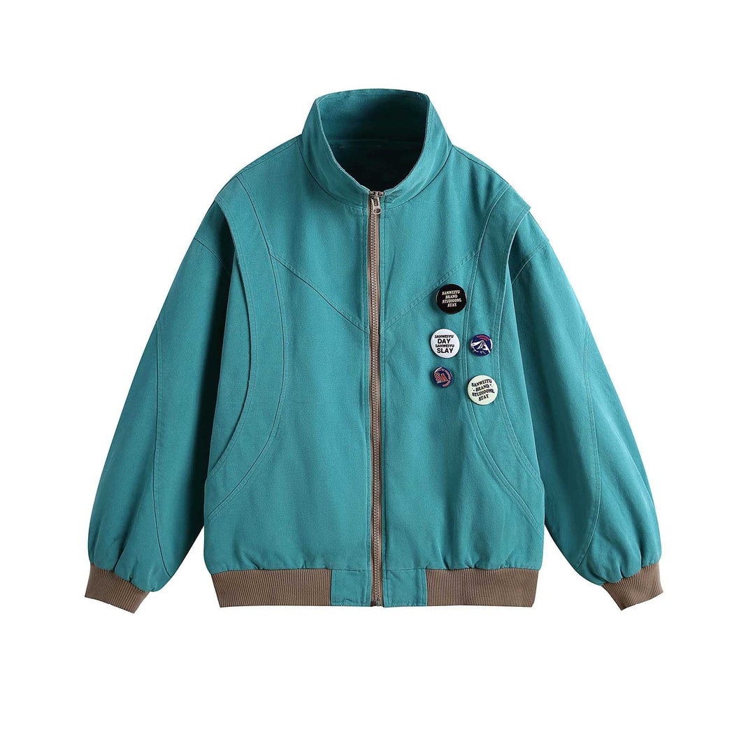 Dam Kort Blouson med Ståkrage, Ribbstickade Muddar och Lapel Pins