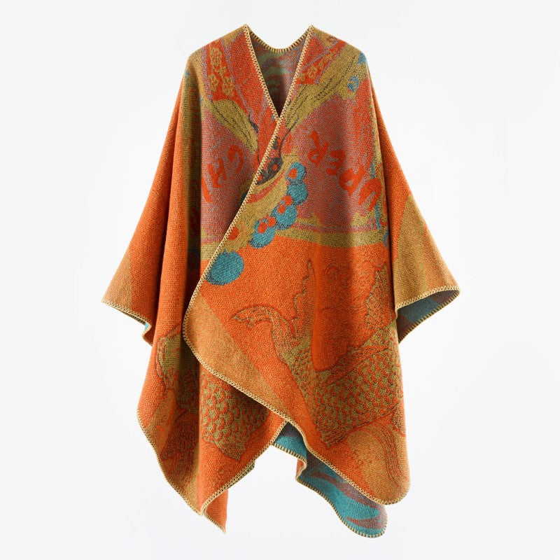 Dam Jacquard stickad Cape med Koi Motif och bred Oversize Fall