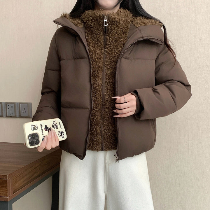 Dam kort vadderad double jacka med detachable teddy inner foder och hög ståkrage