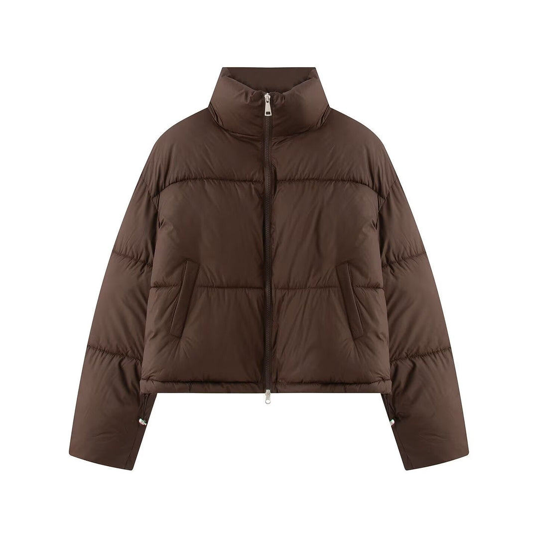 Dam Kort Oversized Pufferjacka med Hög Ståkrage och Tvåvägsdragkedja