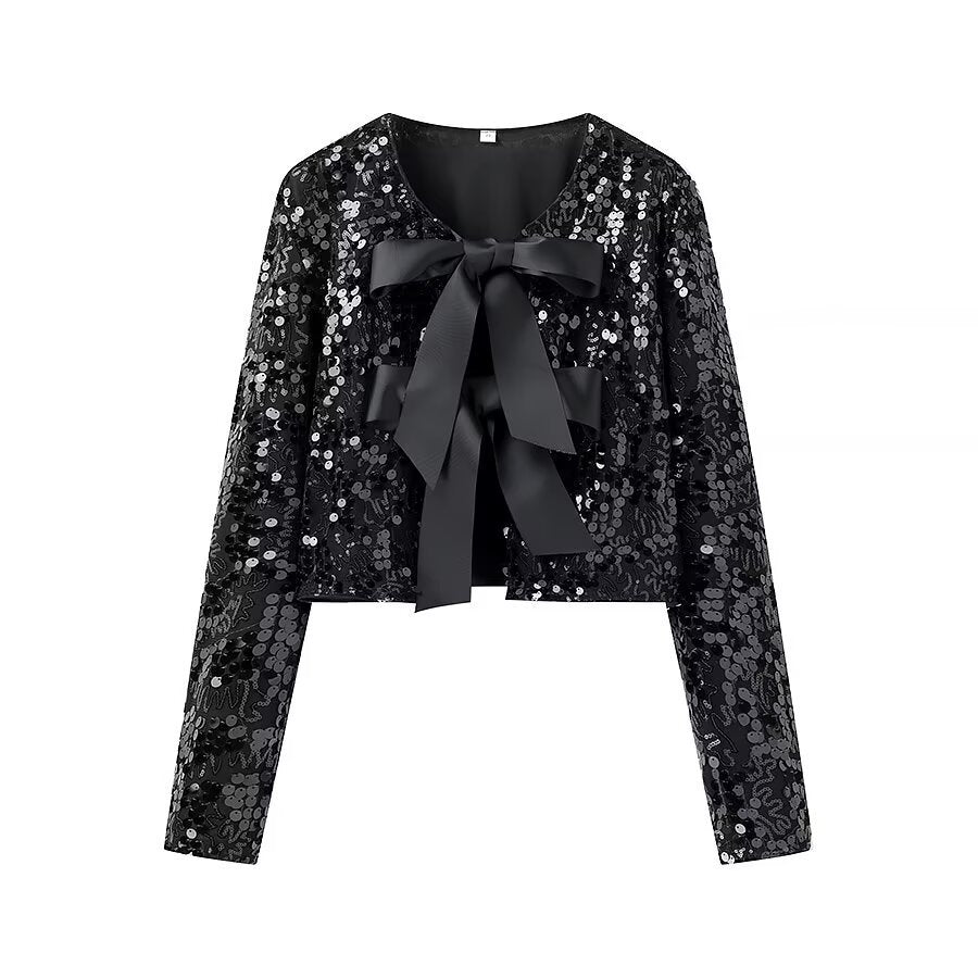 Dam sparkling cropped bolero jacka med sequin kant och decorative satin bows