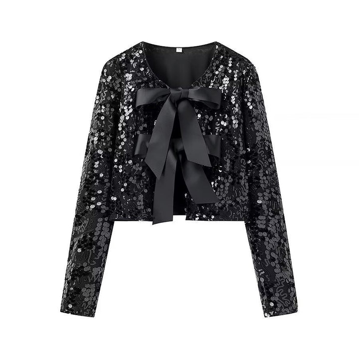 Dam sparkling cropped bolero jacka med sequin kant och decorative satin bows