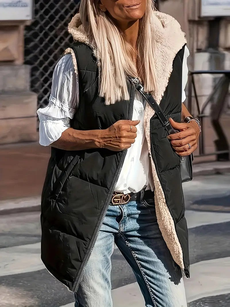 Dam vadderad Hooded väst med Teddy foder och sidofickor