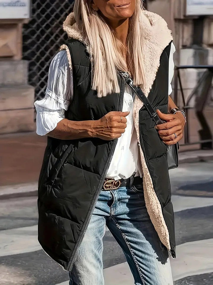 Dam vadderad Hooded väst med Teddy foder och sidofickor