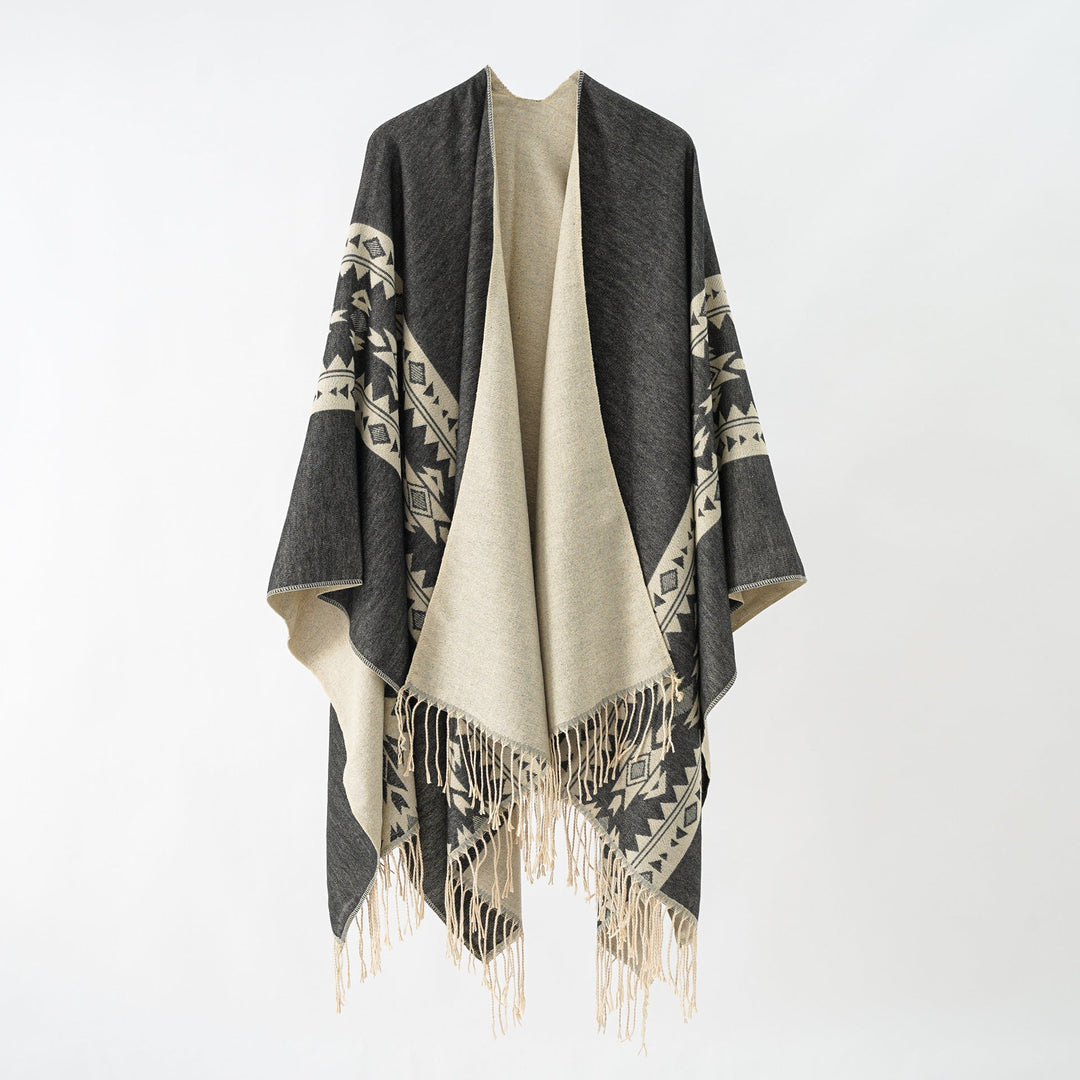 Dam Cashmere-look Wrap poncho med Geometric Border Jacquard och Fringe kant