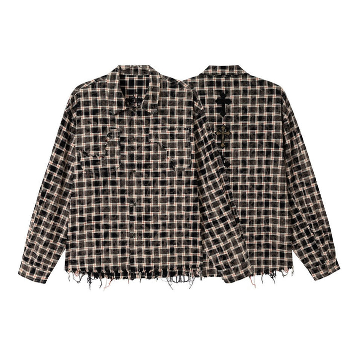 Herr rutig overshirt i arbetewear stil med frayed fåll och double bröstfickor