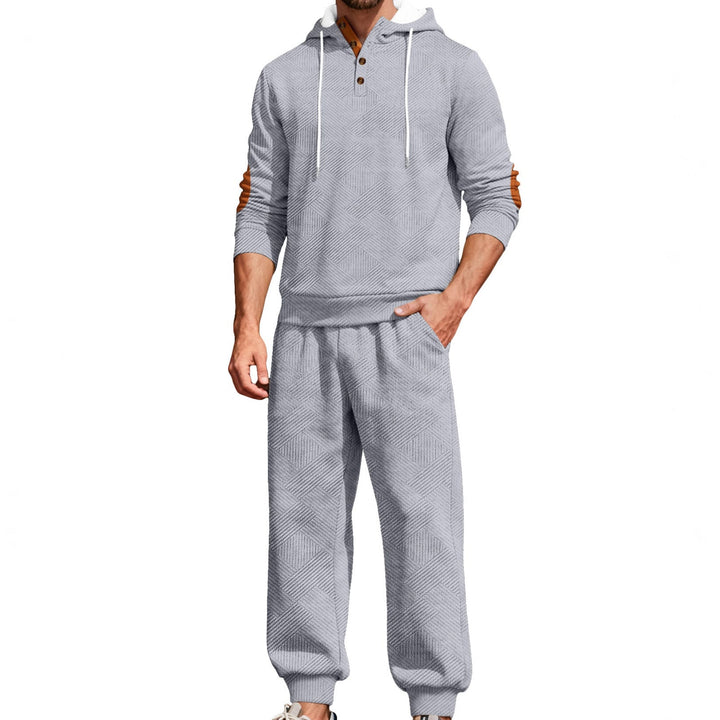 Herr Textured Luvtröja Jogging Set med Henley Knapplist och Contrast Elbow Lappar