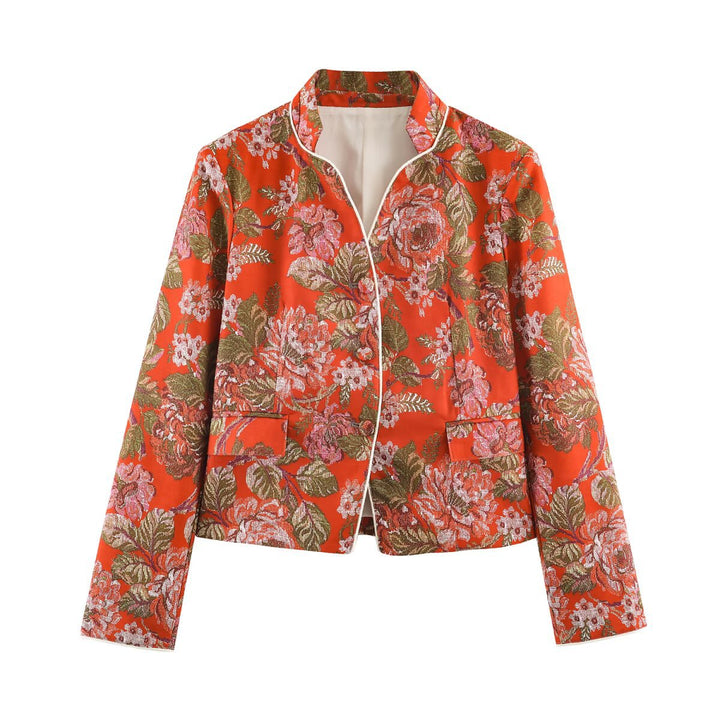 Dam Kort Jacquard Blazer Jacka med Blommig Mönster och Stå Krage