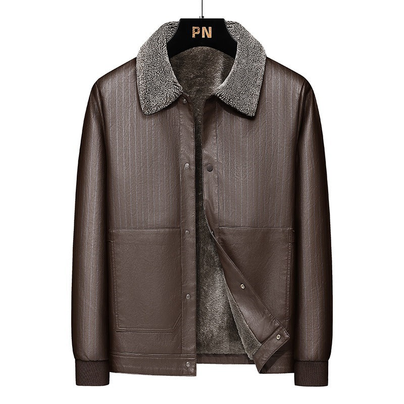 Herr Konstläder Blouson med Sherpa Krage, Varm Teddyfoder och Pinstripe Detalj