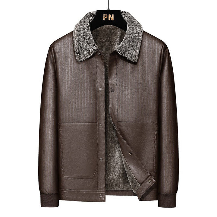 Herr Konstläder Blouson med Sherpa Krage, Varm Teddyfoder och Pinstripe Detalj
