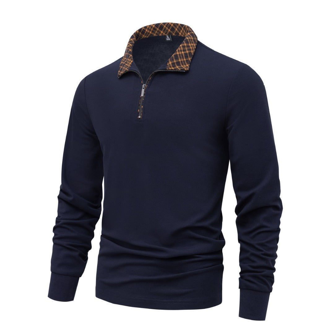 Herr Lång Ärm Halv Dragkedja Pullover med Turtleneck och Rutig Inner Krage