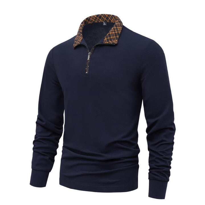 Herr Lång Ärm Halv Dragkedja Pullover med Turtleneck och Rutig Inner Krage
