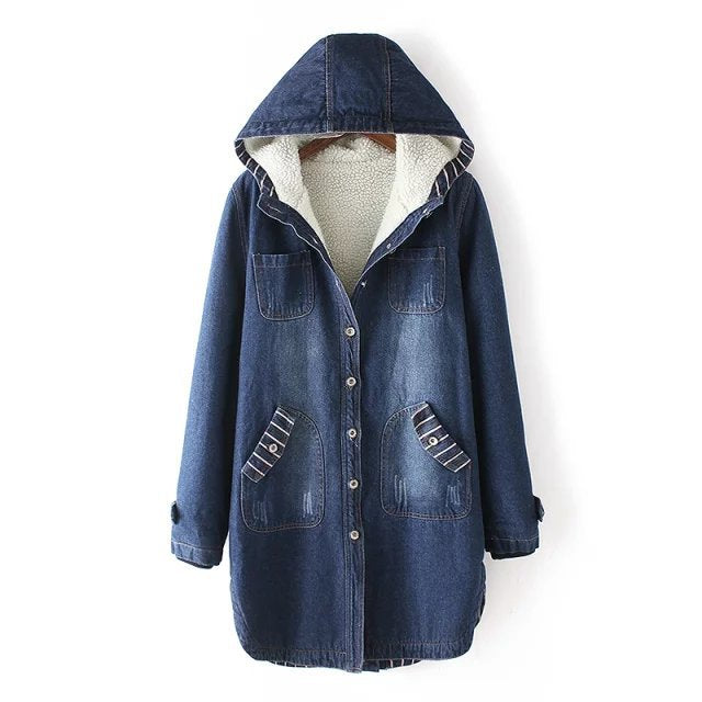 Dam vadderad denim parka med teddy foder, huva och påsydda fickor