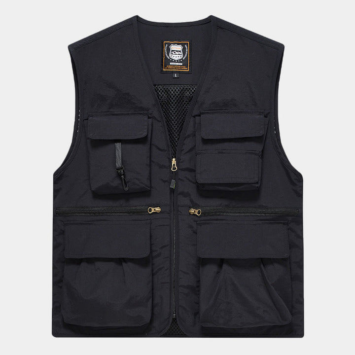 Herr Multi-Pocket Fishing Väst Tillverkad av Canvas med Mesh Ventilation och Dragkedja