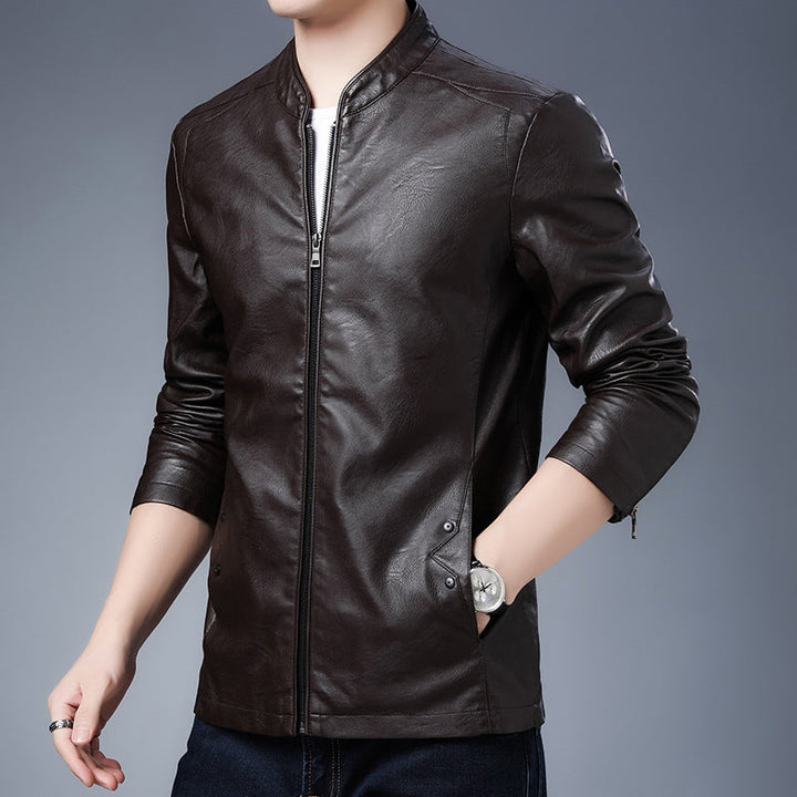 Herr Smal Leather-Look Blouson i Aviator Minimal Stil med Stående Krage och Zippered Ärmar