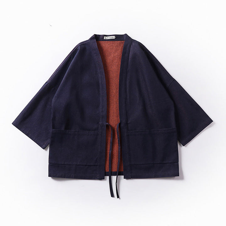 Unisex lös-fitting kimono jacka gjord bomull denim med tie och stor utanpåfickor