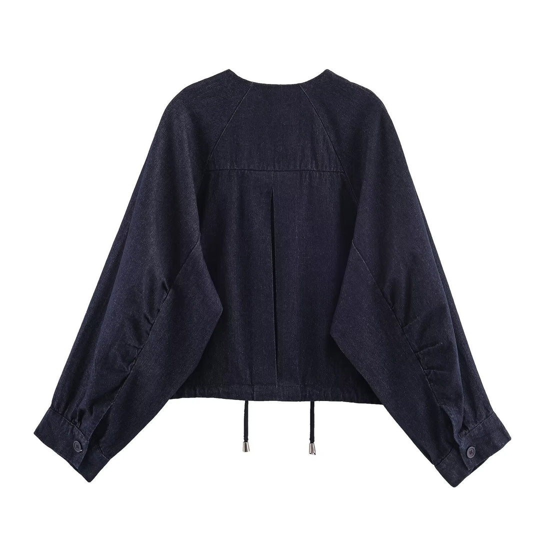 Dam Oversize Kort Denimjacka med Drawstring, Raglan Ärmar, och Dold Knapp Knäppning