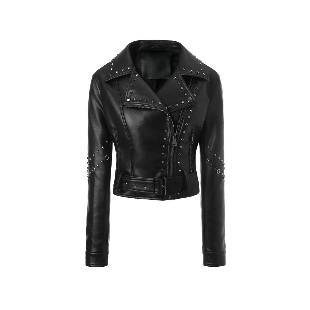 Dam kort Studded bikerjacka med midjebälte