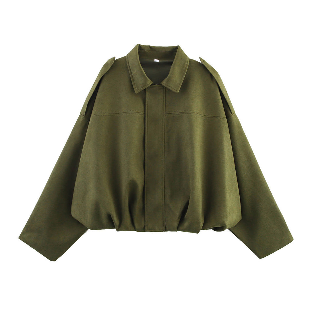 Dam Kort Jacka i Oversize Cape Stil med Balloon Waistband och Shoulder Flaps