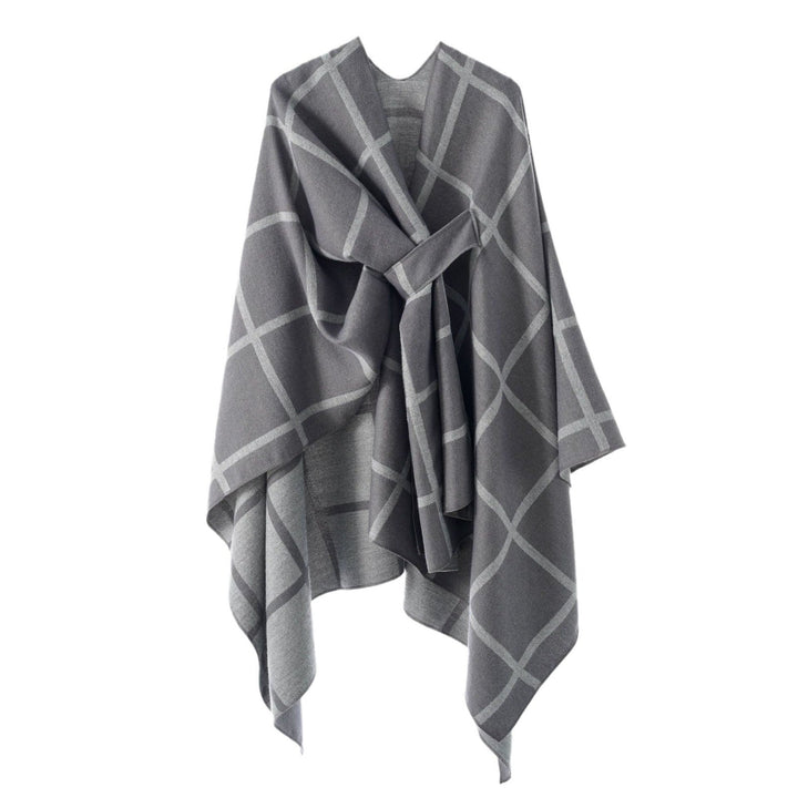 Dam Oversize ullblandning poncho med bälte och Check mönster