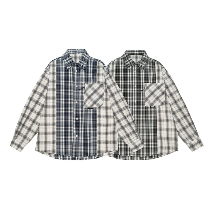Unisex Oversized Skjorta Jacka med Patchwork Rutigt Mönster och Rounded Fåll