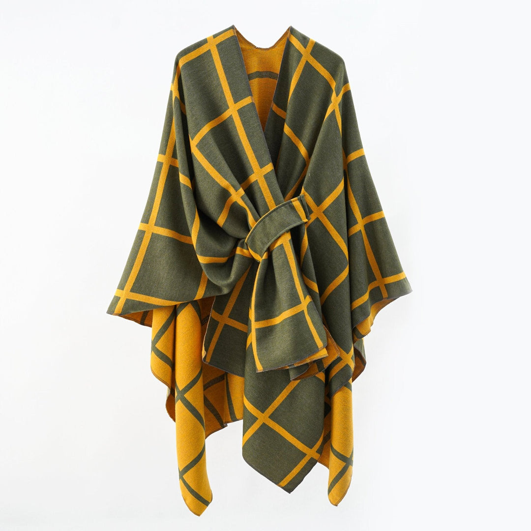 Dam Oversize ullblandning poncho med bälte och Check mönster