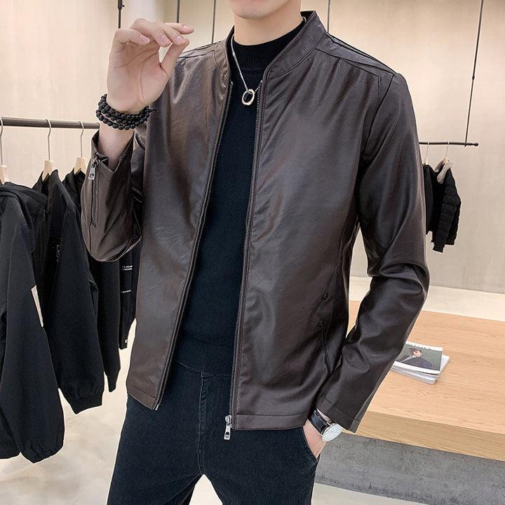 Herr Slim-Fit Konstläder Flight Jacka med Minimalistisk Ståkrage och Dold Zip Knapplist