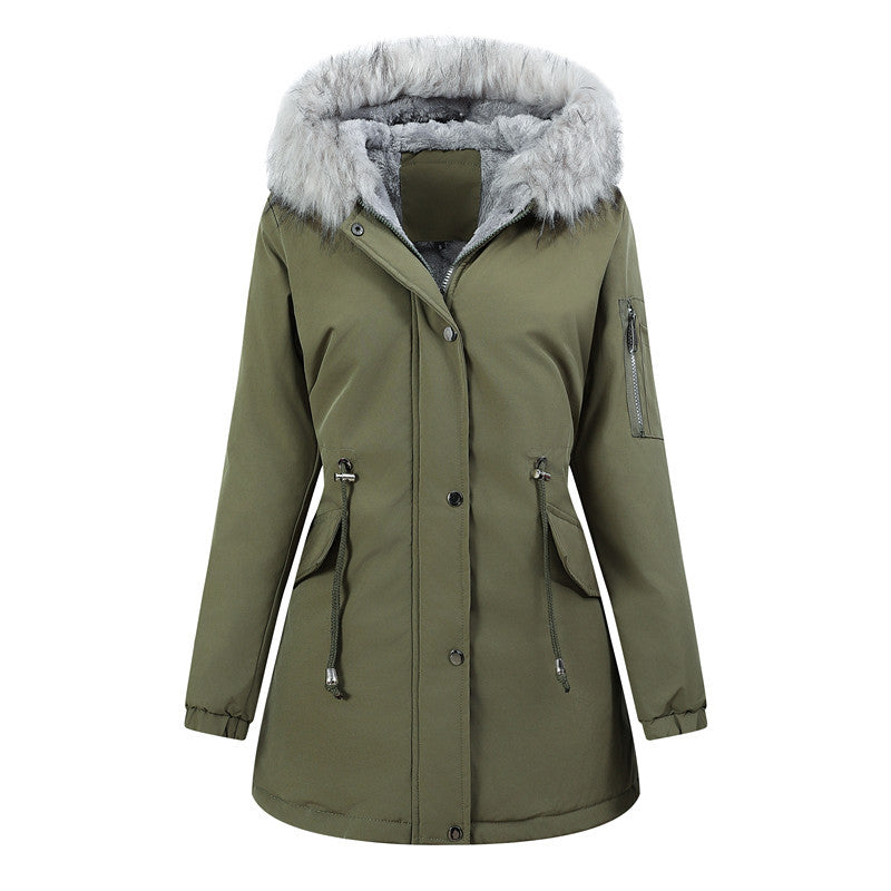 Dam Vinter Parka med Avtagbar Faux Fur Huva och Belted Drawstring