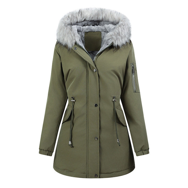 Dam Vinter Parka med Avtagbar Faux Fur Huva och Belted Drawstring